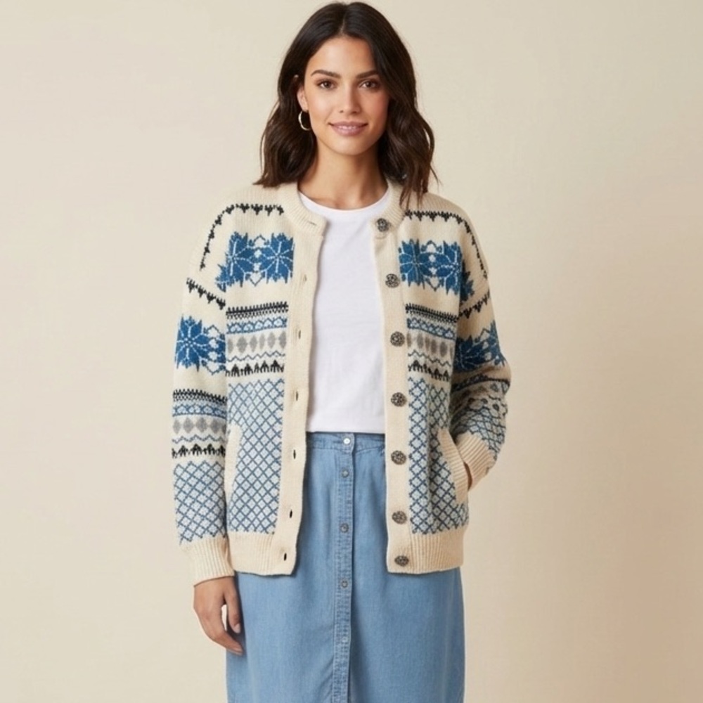 Tundra Wool Nordic‎ in Cream and Blue Cardigan Sweater